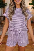 Stripe Textured Knit Top & Shorts Co-ord Set | Brown, Black & Purple | UK 8–18