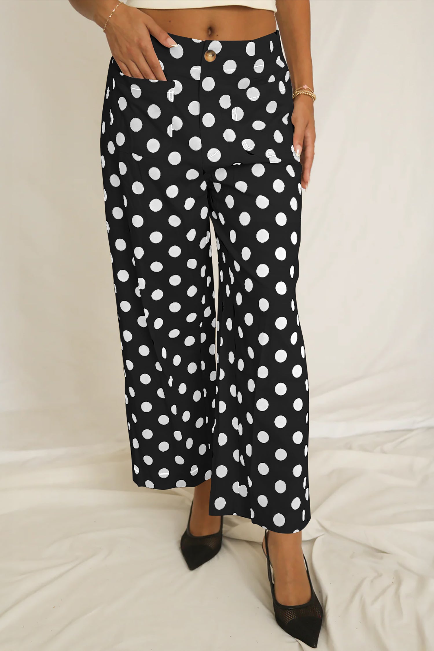 Shop Polka Dot Patched Pocket Mid-Rise Straight Leg Trousers S-XL at LivelyLooks