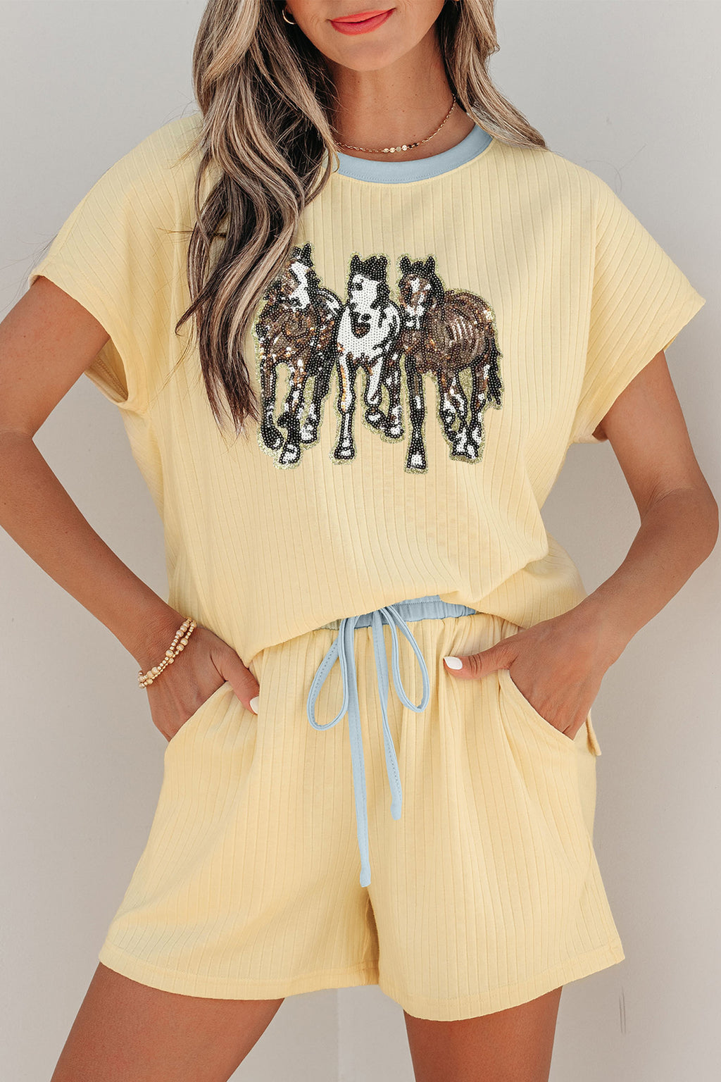 Yellow Ribbed Knit Sequin Horse Patch Short Set | Sizes 8-26