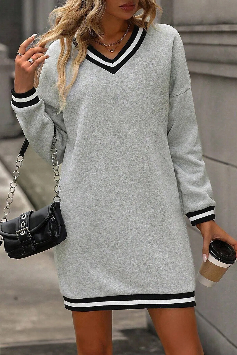 Light Grey Striped Trim V Neck Long Sleeve Preppy T-Shirt Dress S-XL