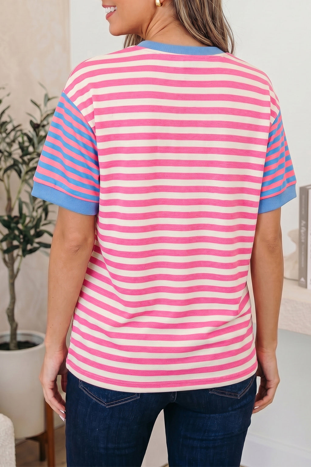 Pink Stripe Contrast Colourblock Short Sleeve Loose Tee