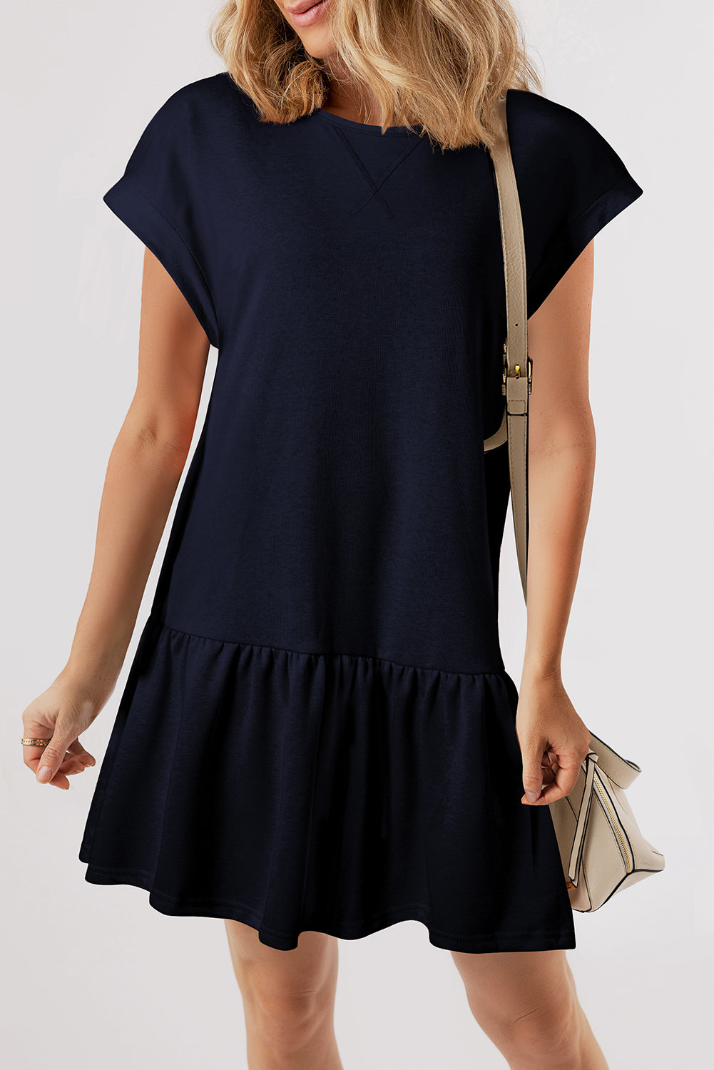 Navy Blue Solid Cap Sleeve Ruffle Hem Casual Short Dress | UK 8–16