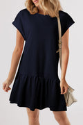 Navy Blue Solid Cap Sleeve Ruffle Hem Casual Short Dress | UK 8–16
