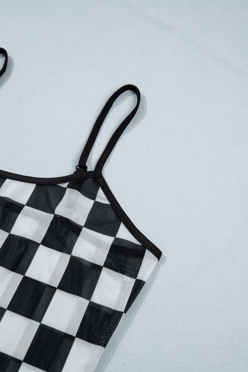 Black Sheer Checkered Print Spaghetti Strap Slim Tank Top