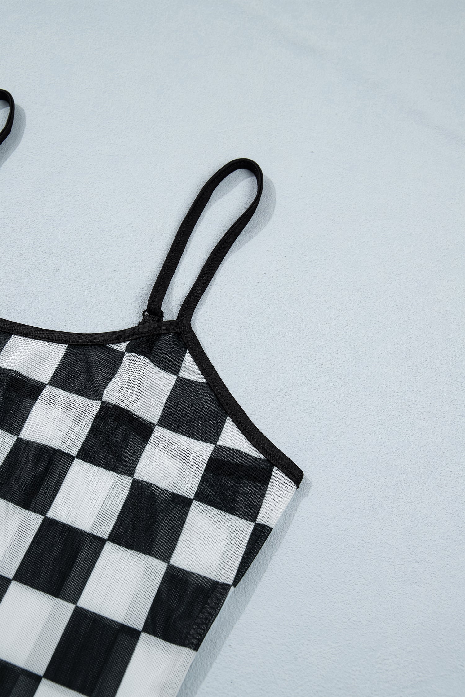 Black Sheer Checkered Print Spaghetti Strap Slim Tank Top