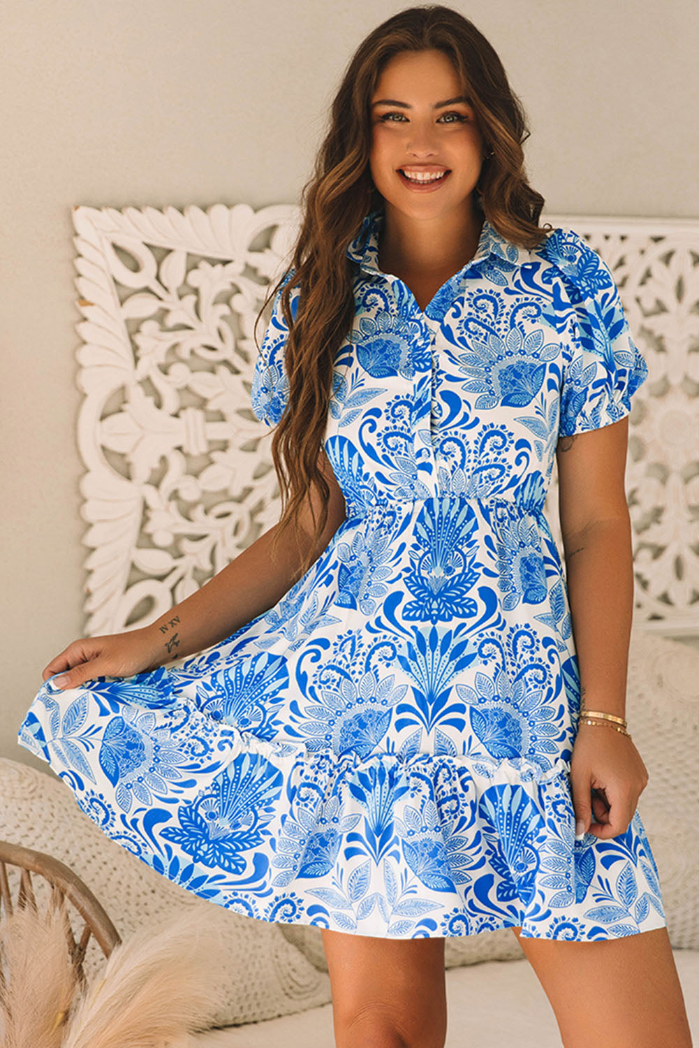 Women's Sky Blue Retro Floral Print Drawstring Waist Ruffled Mini Dress at LivelyLooks