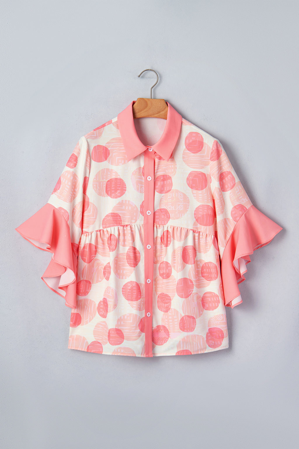 Shop Pink Polka Dot Babydoll Shirt Ruffle Trim Short Sleeve S-XL at LivelyLooks