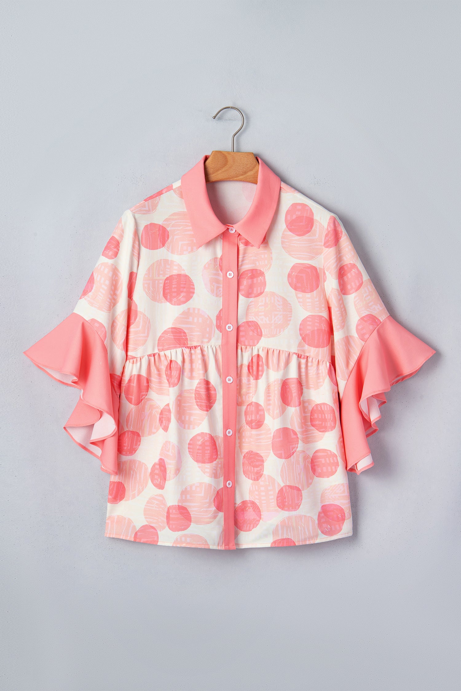 Shop Pink Polka Dot Babydoll Shirt Ruffle Trim Short Sleeve S-XL at LivelyLooks