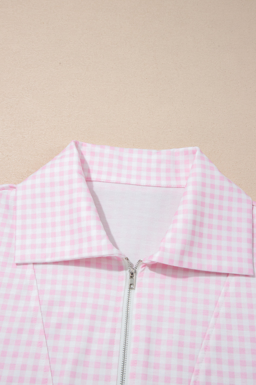 Pink Plaid Two Piece Short Set Zip Neck Sleeveless Top Elastic Waist Shorts S-XL