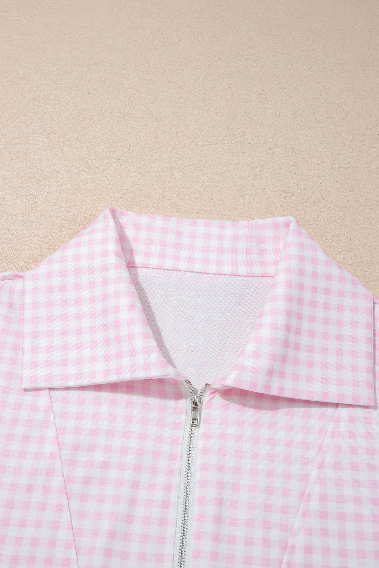 Pink Plaid Two Piece Short Set Zip Neck Sleeveless Top Elastic Waist Shorts S-XL