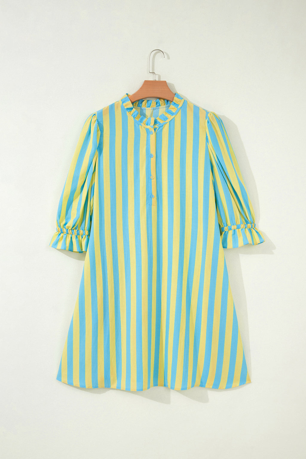 Striped Puff Sleeve Mini Dress | Half Button Loose Fit | Red & Yellow