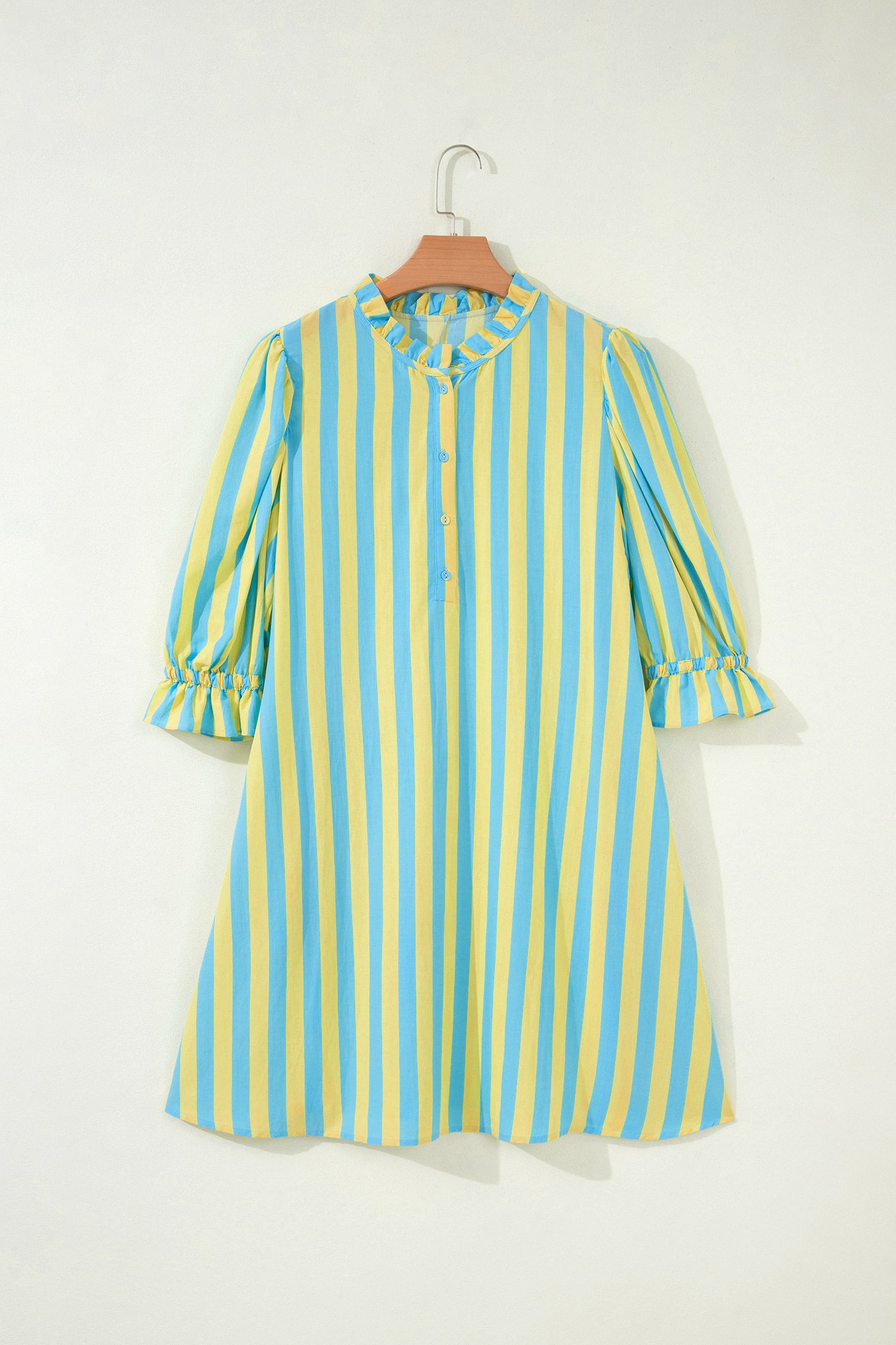 Striped Puff Sleeve Mini Dress | Half Button Loose Fit | Red & Yellow
