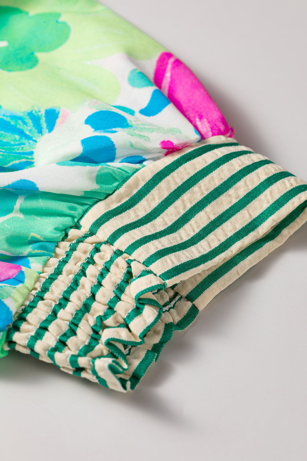 Floral Print Striped Trim Button Down Short Sleeve Vacation Dress | Green & Pink | UK 8–18
