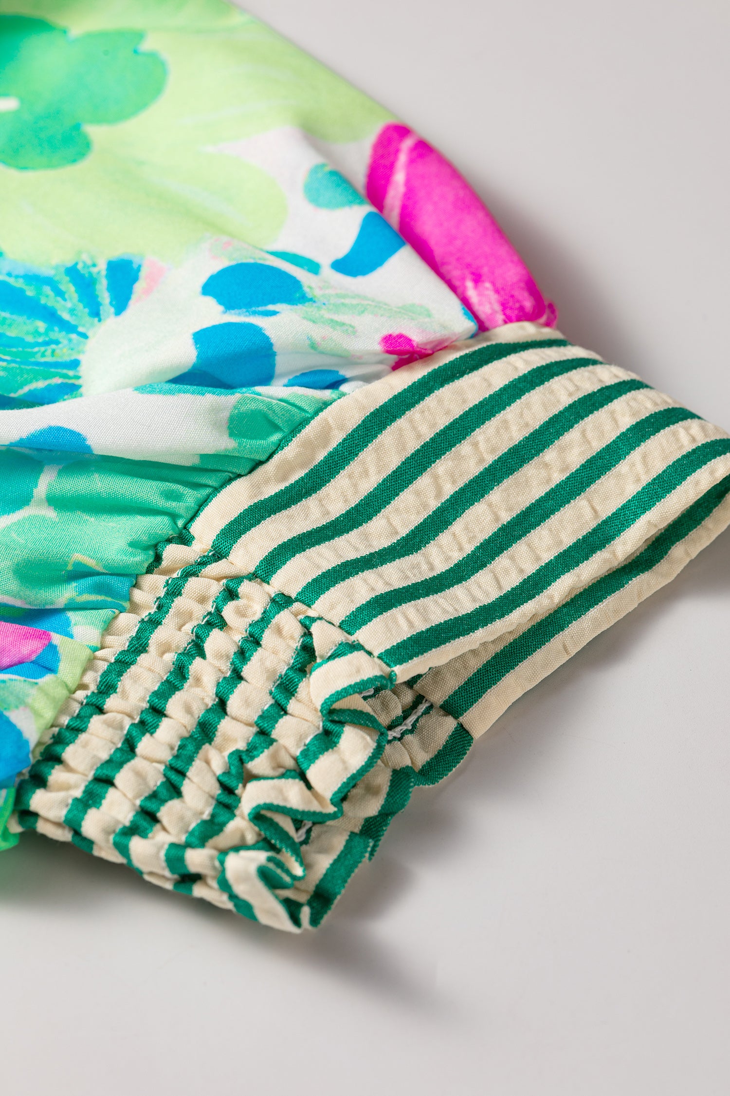 Floral Print Striped Trim Button Down Short Sleeve Vacation Dress | Green & Pink | UK 8–18