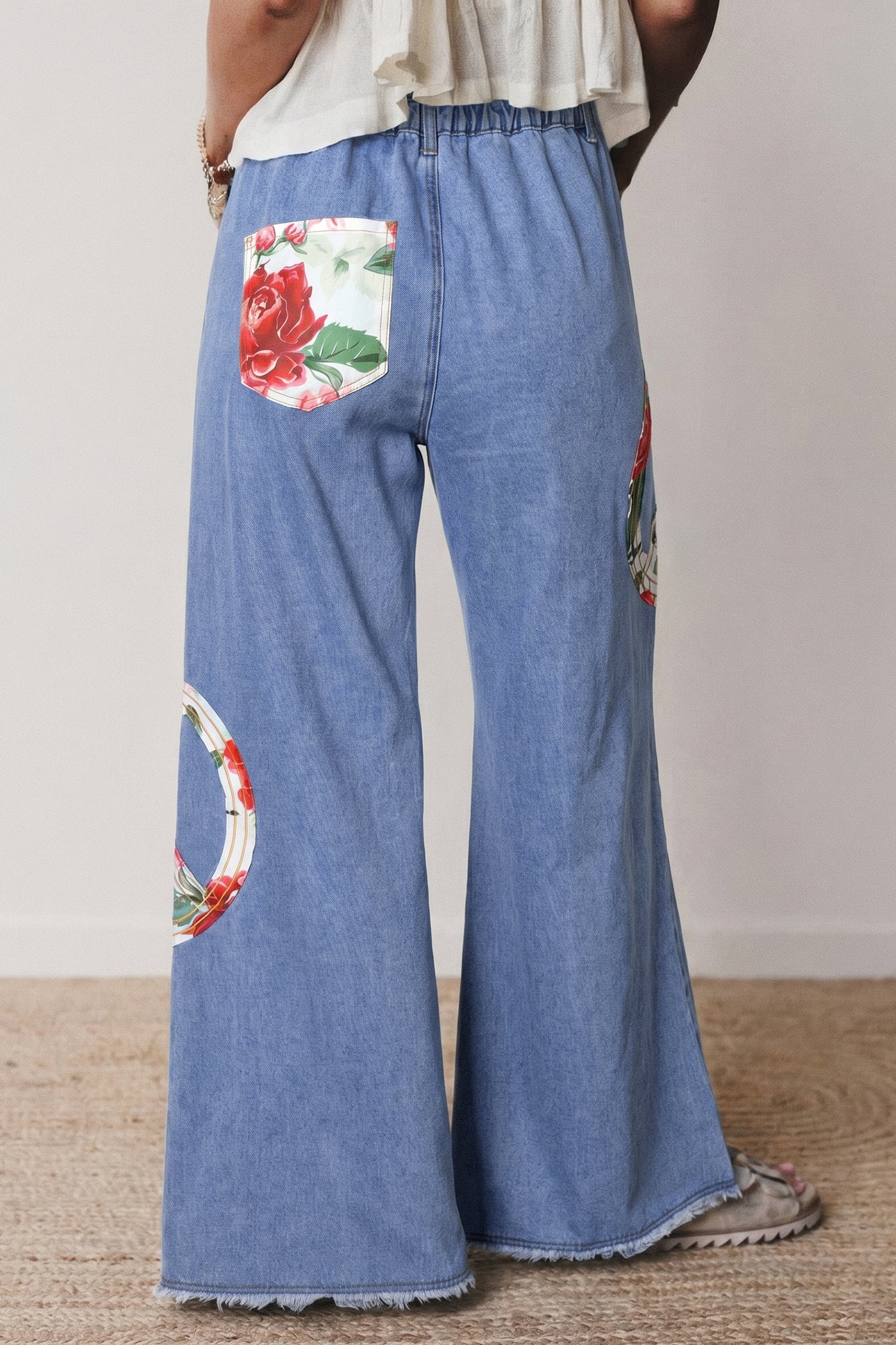 Women's Blue Floral Peace Sign Embroidered Patch Wide Leg Jeans | Boho Denim | UK 4-14 at LivelyLooks