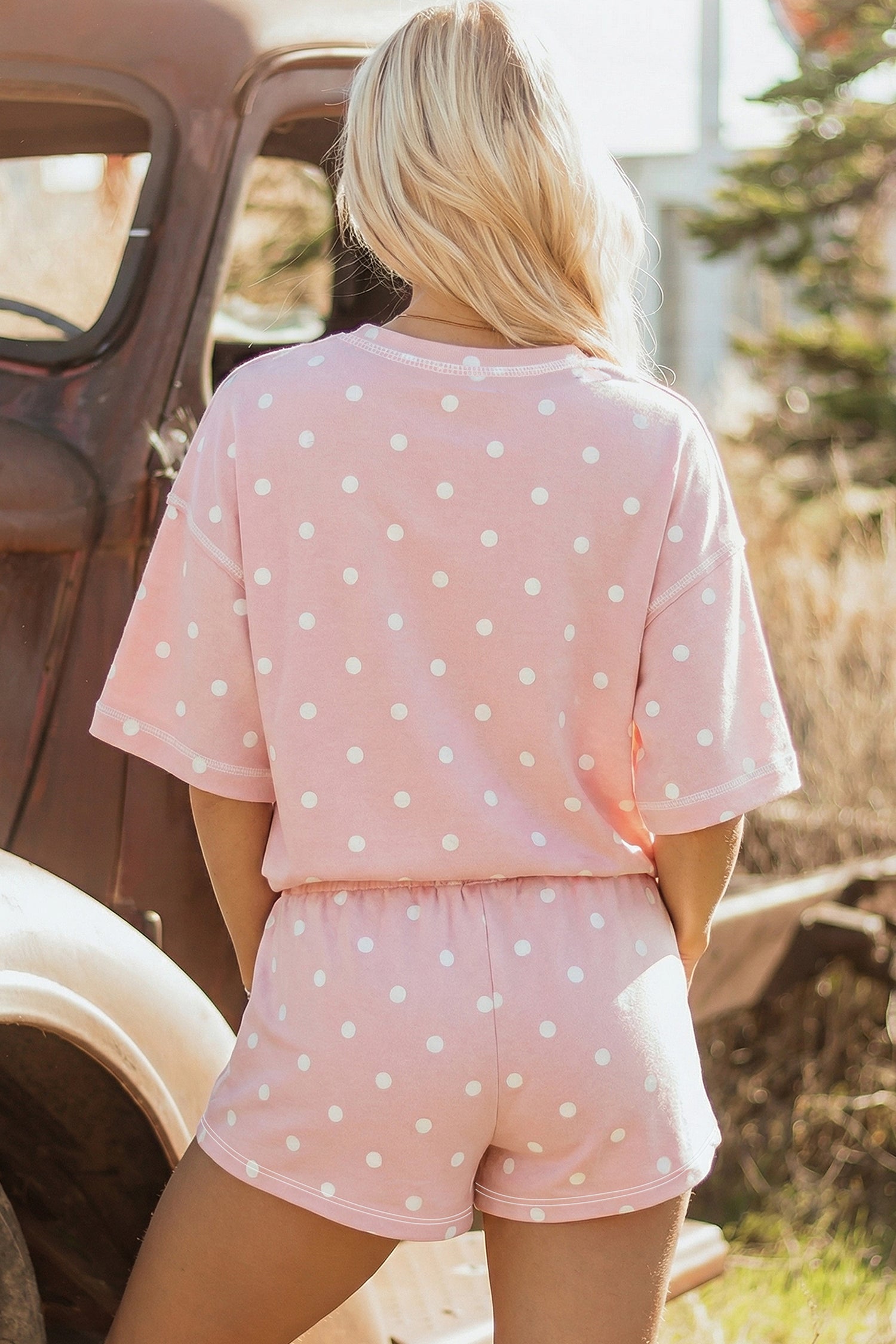 LivelyLooks White Polka Dot Exposed Seam Loose Tee & Drawstring Shorts Set S-XL women's fashion