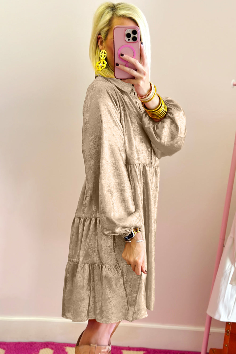 LivelyLooks Beige Metallic Puff Sleeve Button-Up Mini Shirt Dress S-XL women's fashion