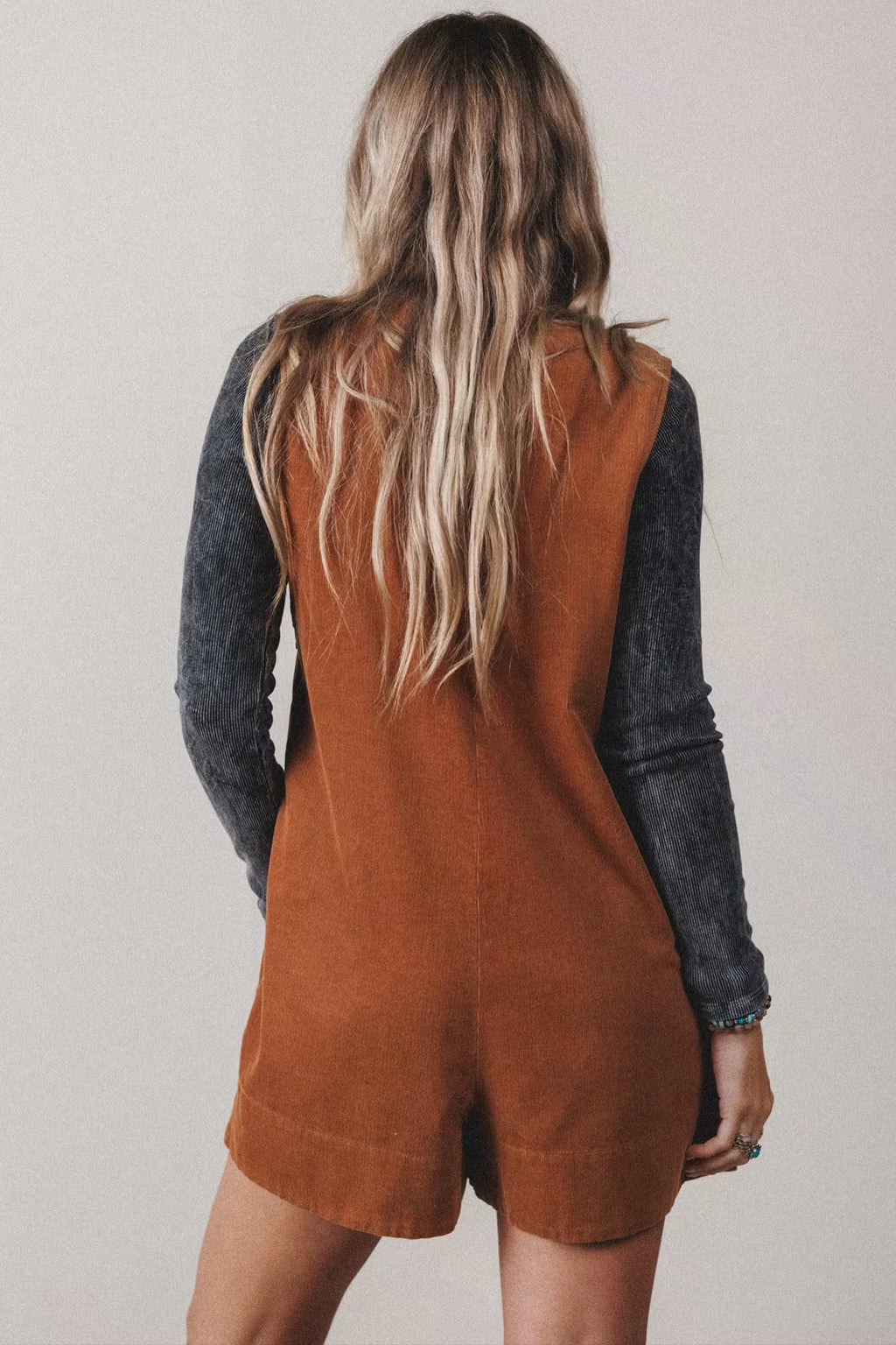 Cinnamon Solid Tie V Neck Sleeveless Corduroy Romper | UK 8–22