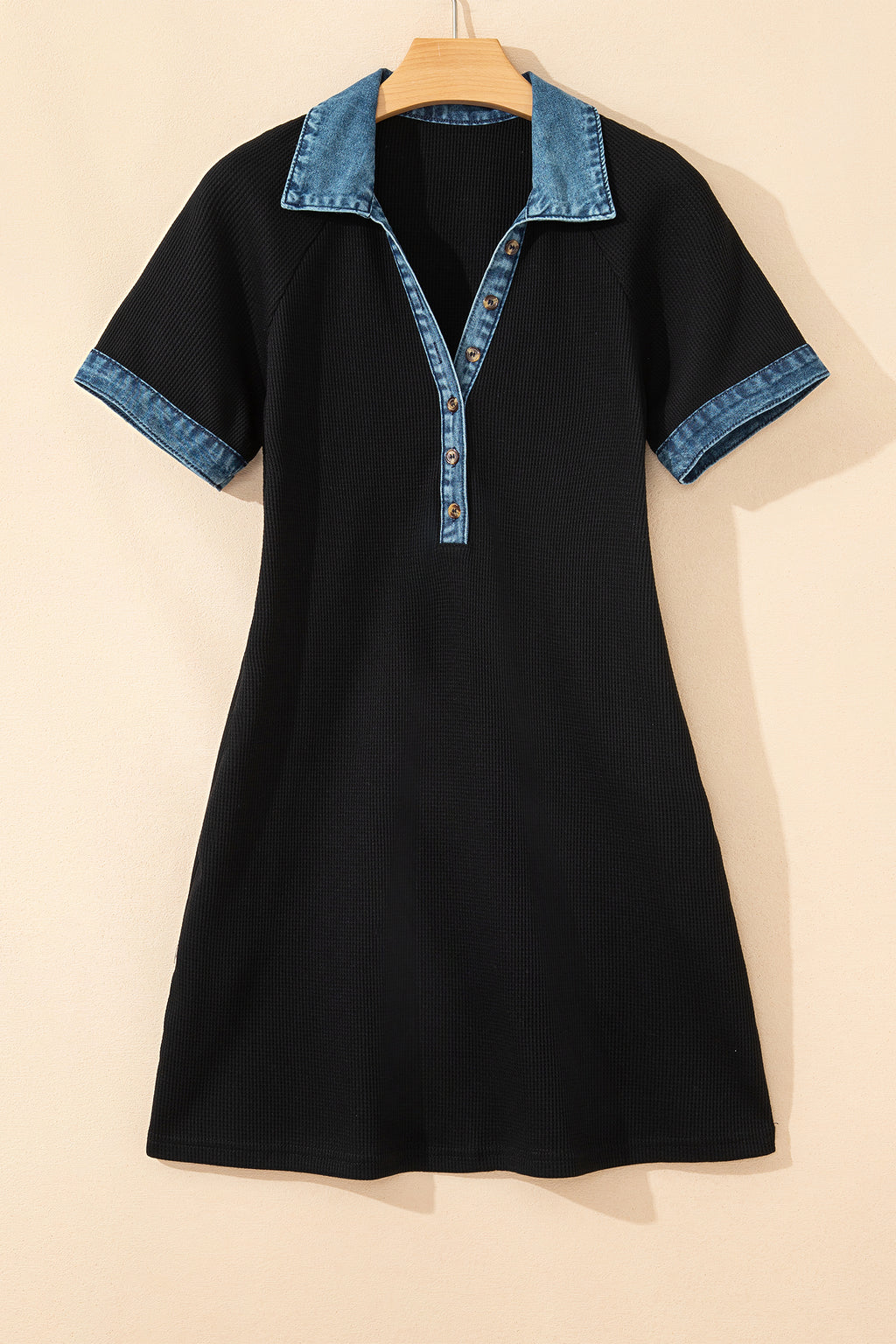 Black Waffle Knit Denim Contrast Trim Polo Button Tee Dress