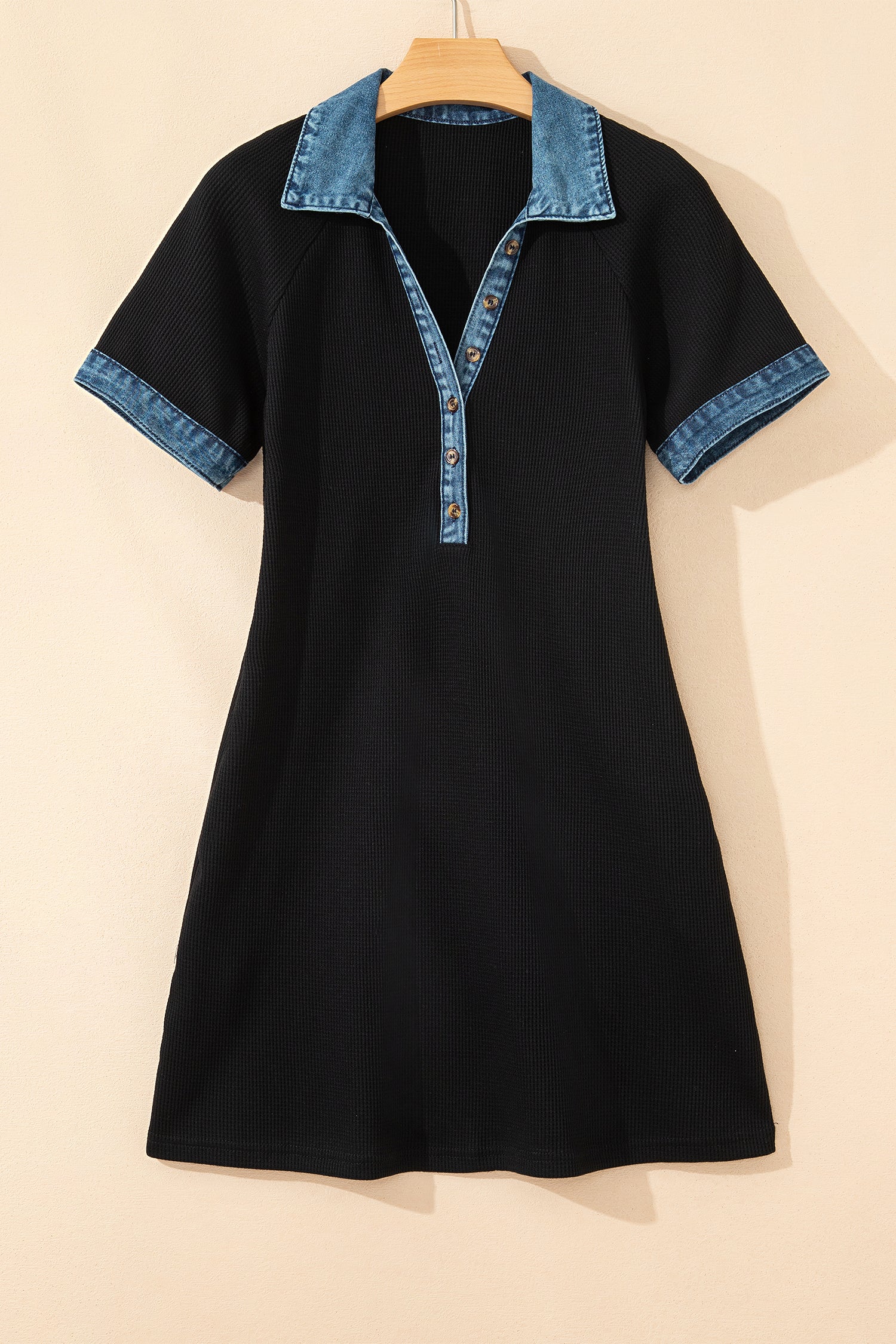 Black Waffle Knit Denim Contrast Trim Polo Button Tee Dress