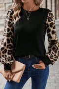 Women's Khaki & Apricot Leopard Patchwork Puff Sleeve Top S-XL at LivelyLooks