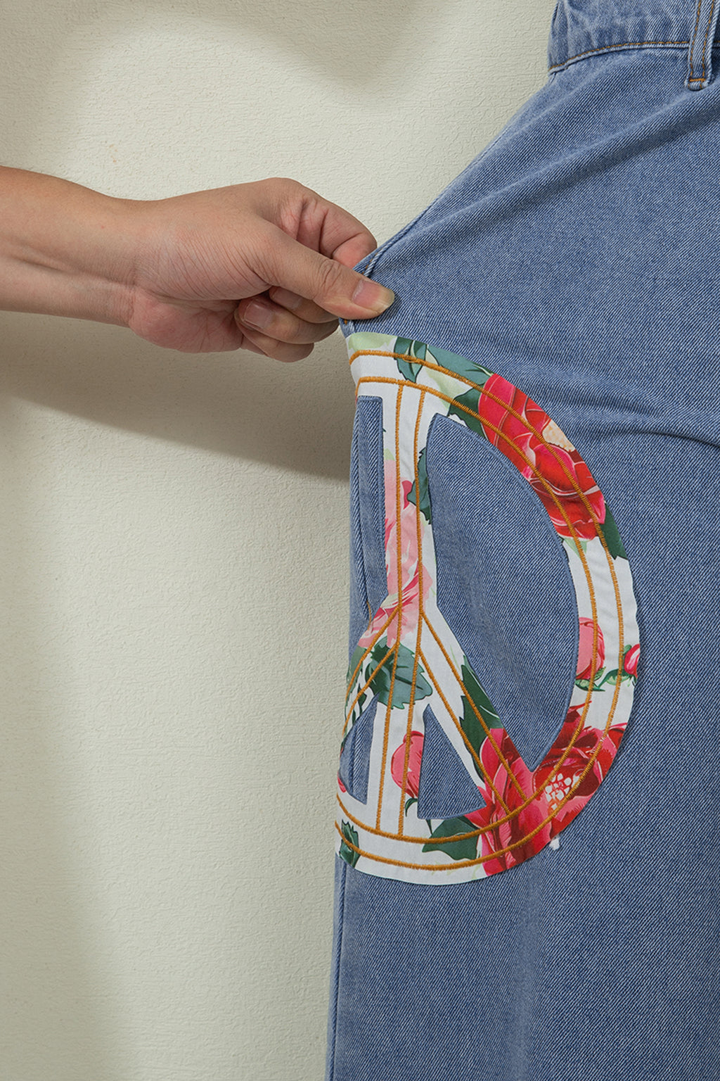 Blue Floral Peace Sign Embroidered Patch Wide Leg Jeans | Boho Denim | UK 4-14
