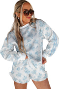 Sky Blue Floral Print Striped Long Sleeve Top & Ruffle Hem Shorts Set | UK 8–22