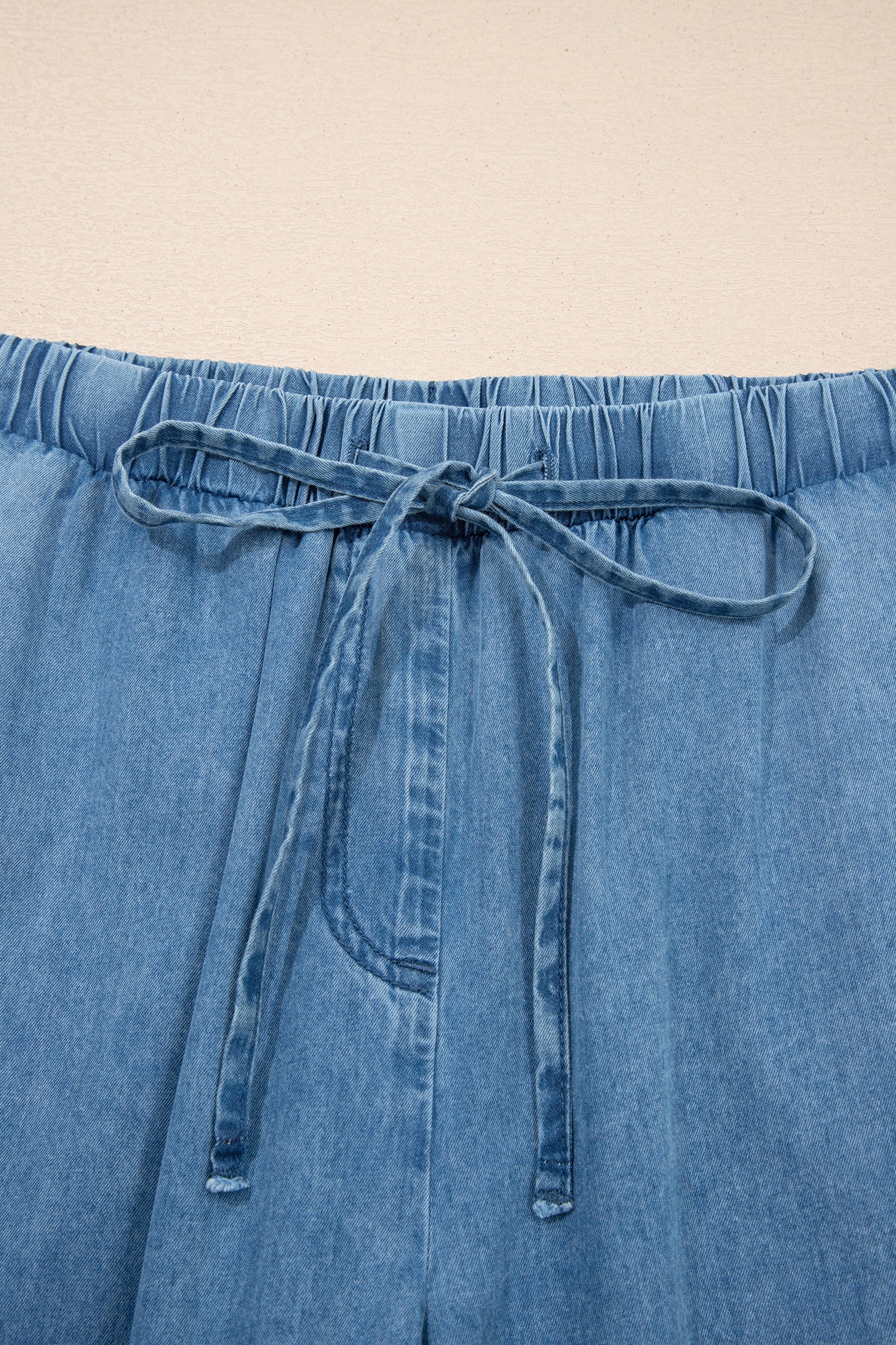 Shop Dusk Blue Ruffled Hem Wide Leg Chambray Trousers UK 8-20 at LivelyLooks
