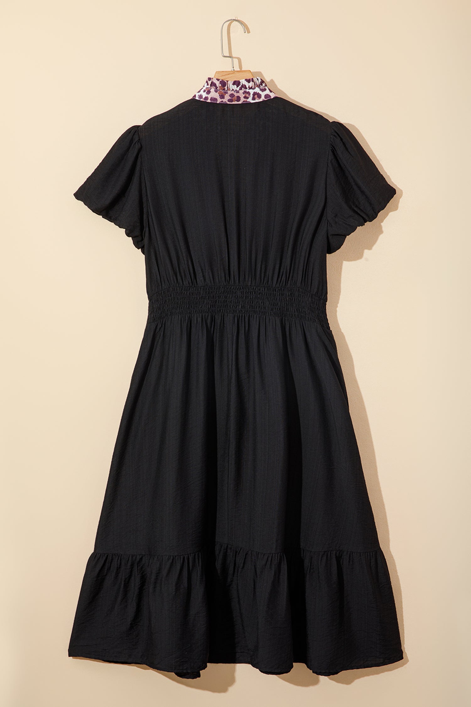 Women's Black Leopard V Neck Patchwork Smocked Waist Plus Size Ruffled Dress at LivelyLooks