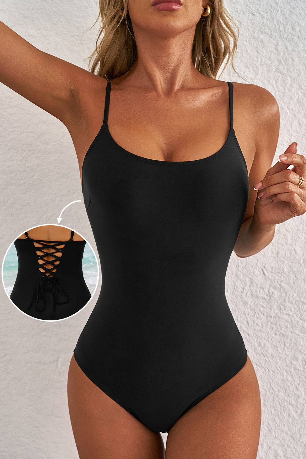 Black Strappy Lace-Up Open Back One Piece Swimsuit | UK 8-20