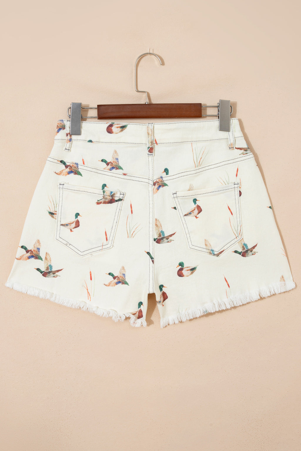 Beige Mallard Print High Waist Frayed Hem Denim Shorts UK 4-16