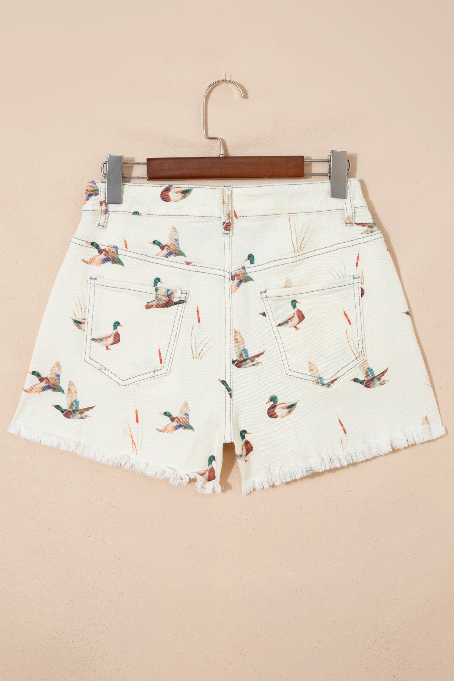 Beige Mallard Print High Waist Frayed Hem Denim Shorts UK 4-16