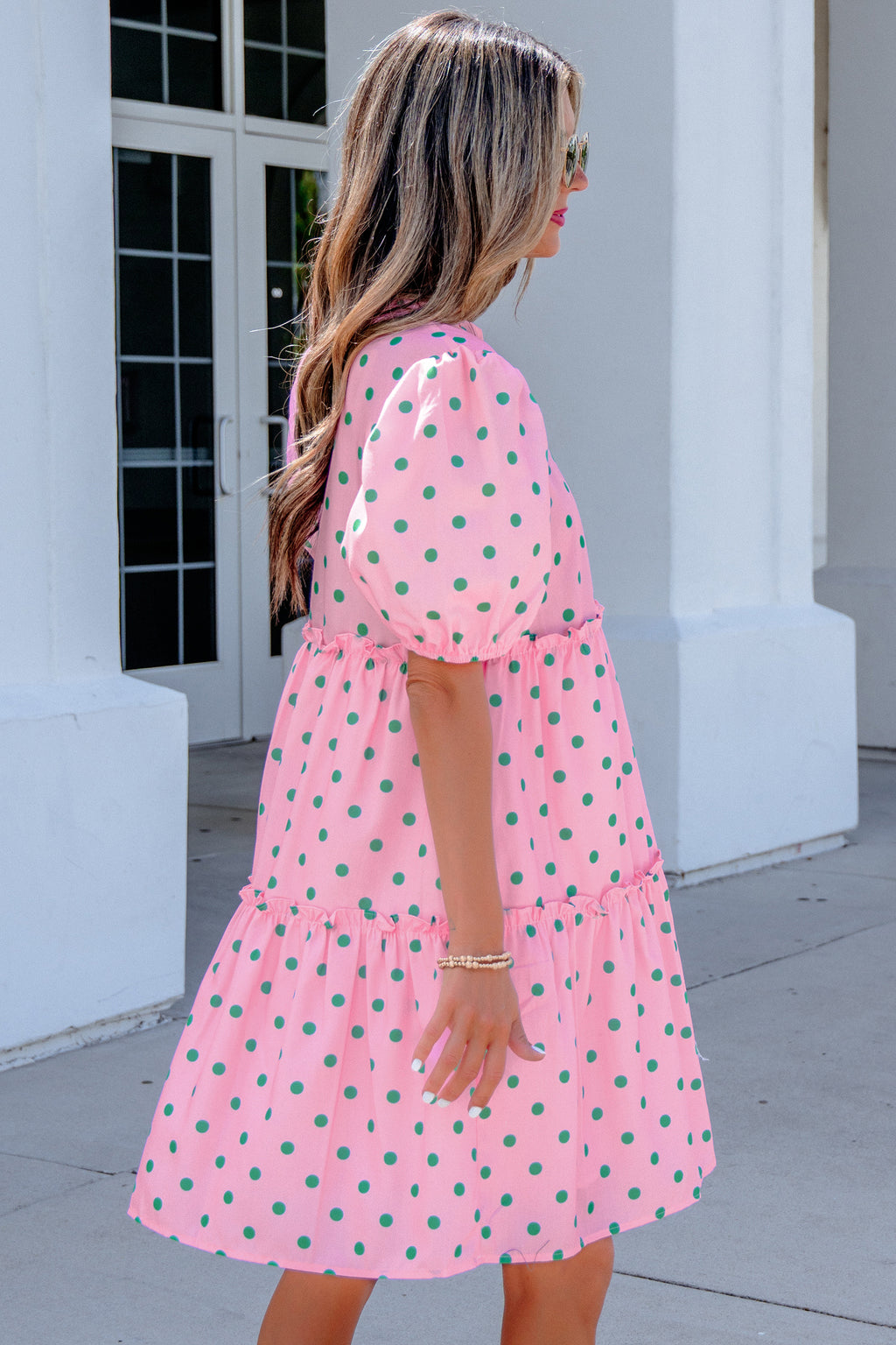 Pink Polka Dot Print V Neck Short Sleeve Tiered Mini Dress | UK 8–22