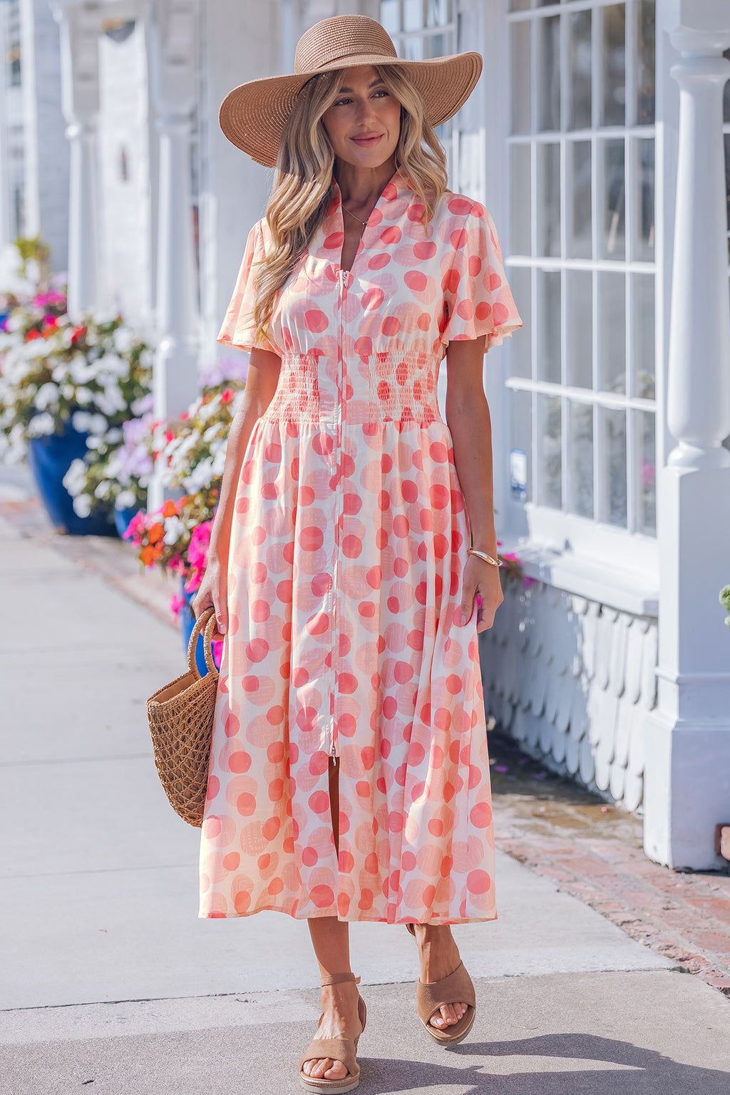 Women's Pink Polka Dot Ruffle Short Sleeve Zip-Up Maxi Dress at LivelyLooks