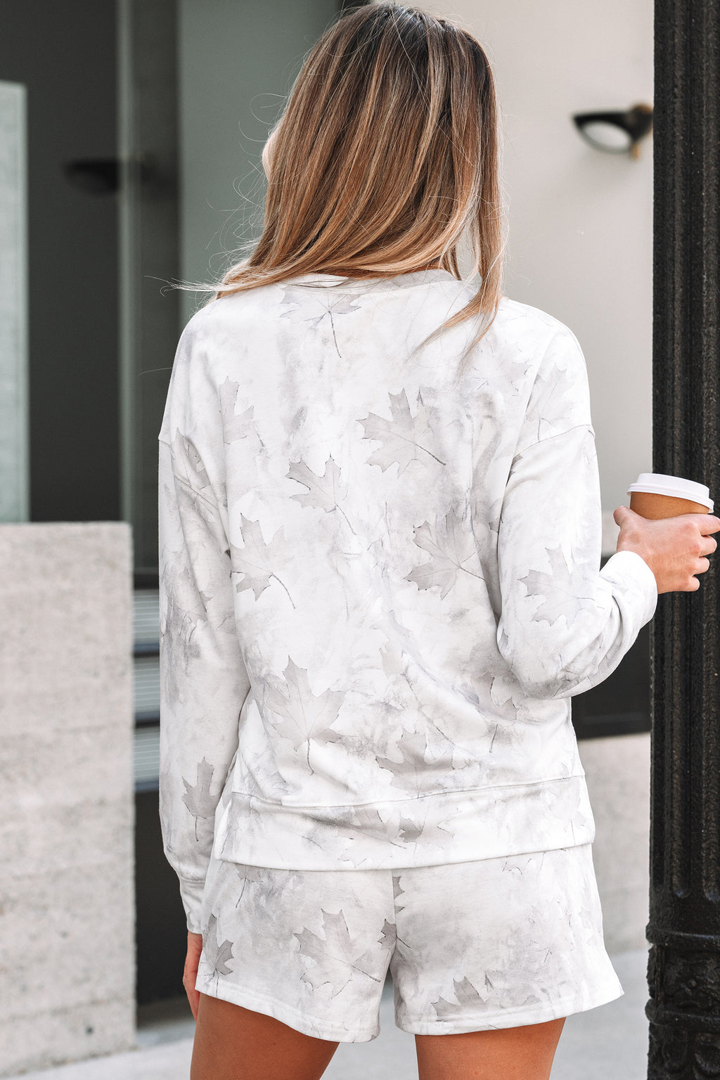 Shop Beige Maple Camo Print Pullover Top & Elastic Waist Shorts Set S-XL at LivelyLooks
