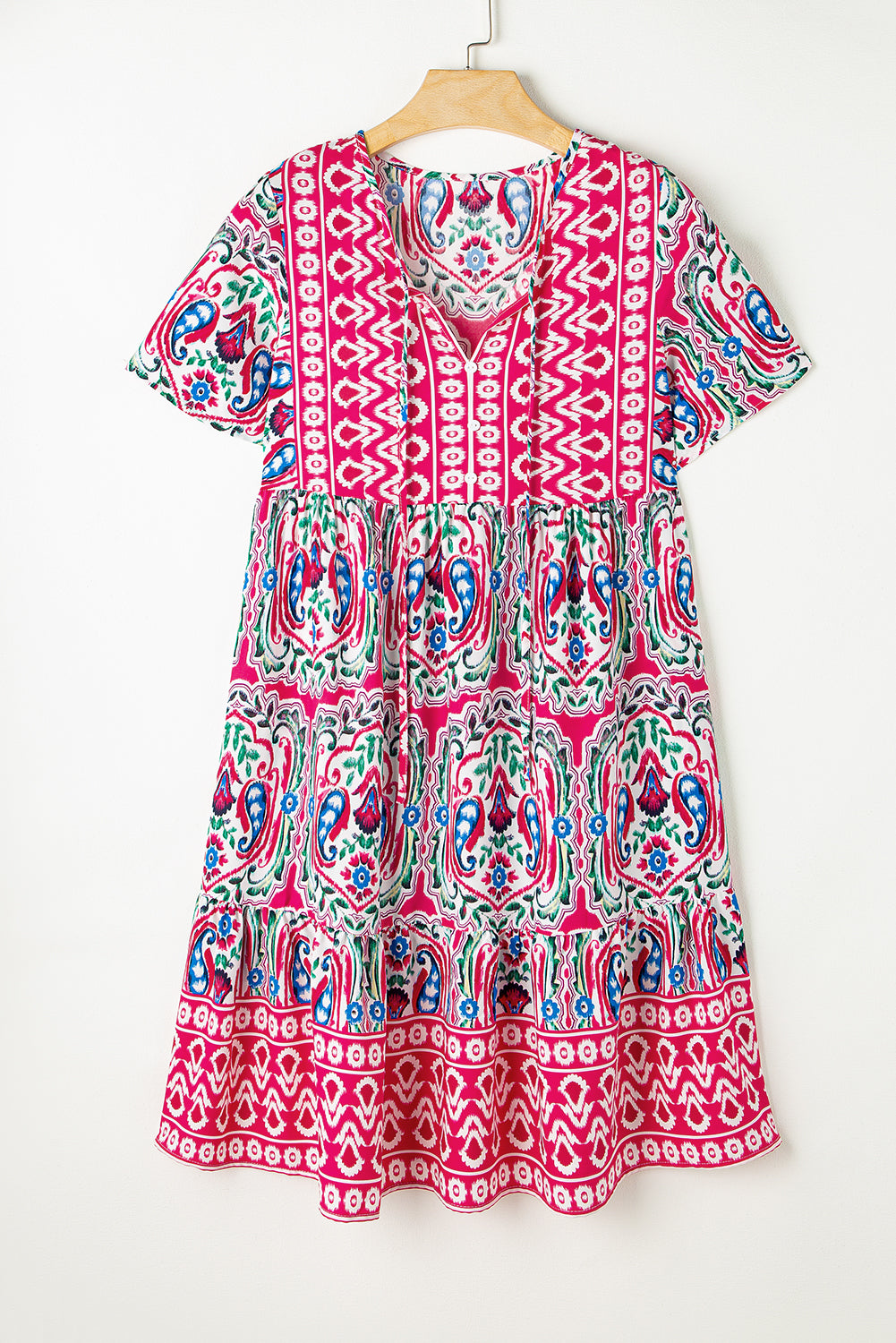 LivelyLooks Pink Boho Print Tie Neck Ruffle Hem Short Dress S-3XL women's fashion