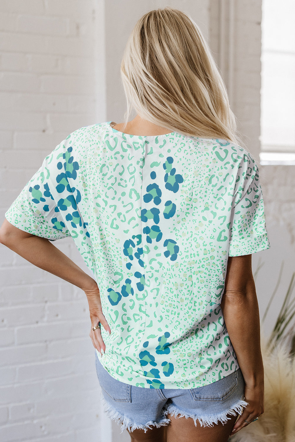 Leopard Print V Neck Blouse Short Sleeve Sky Blue Pink Green Women S-XL