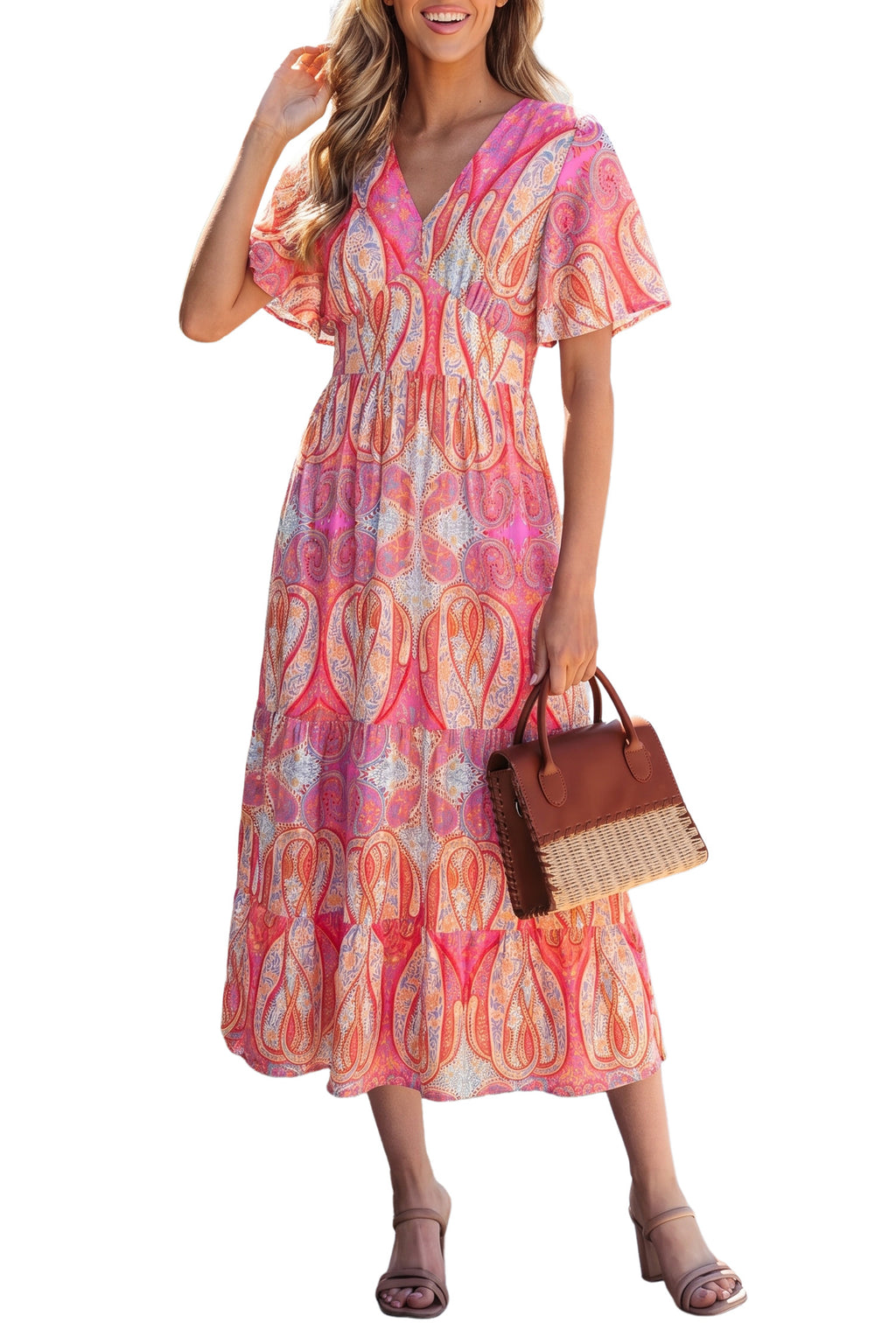 Multicolour Paisley Print V-Neck Flutter Sleeve Boho Maxi Dress