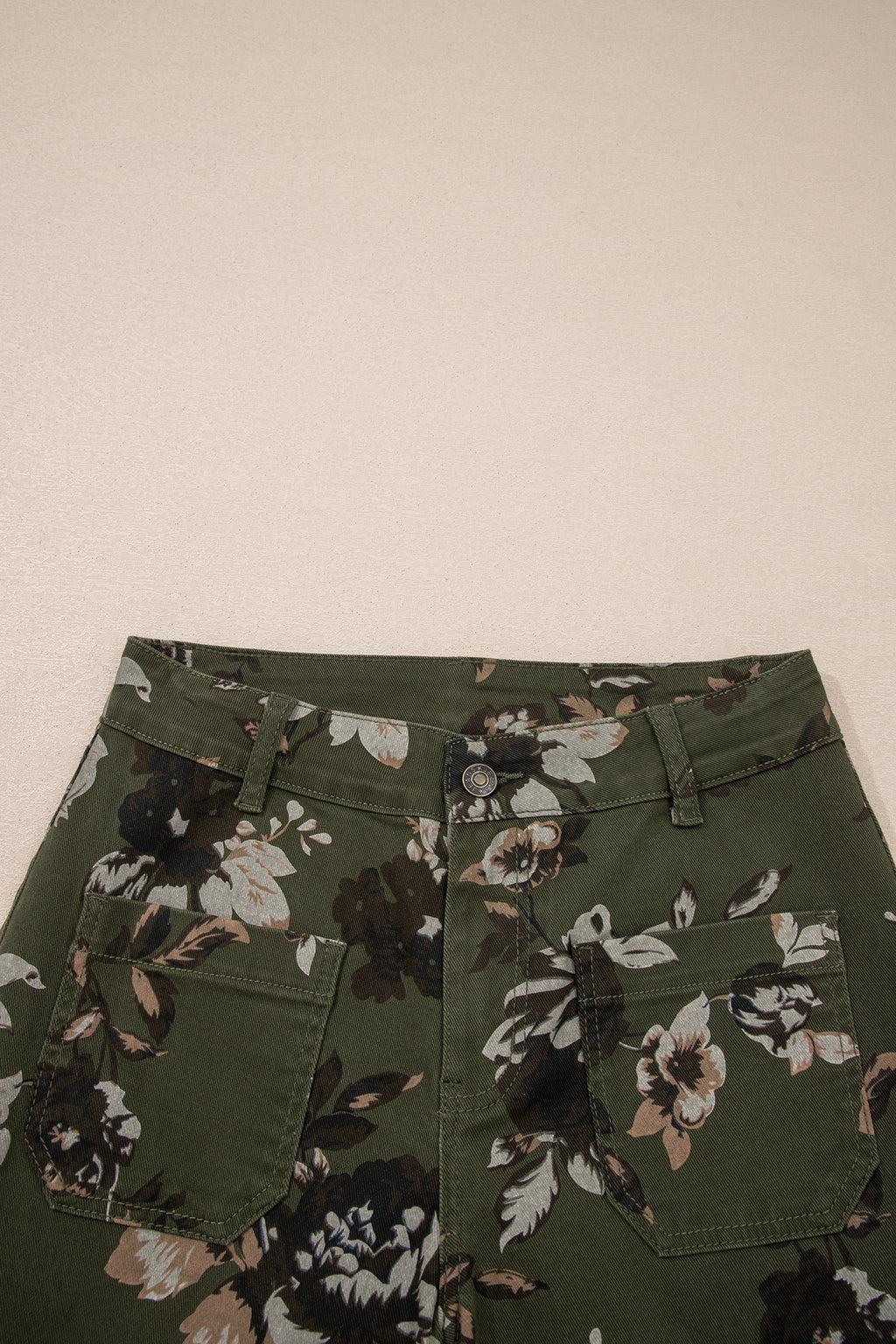 Green Vintage Floral Print Shift Jeans Square Patch Pocket Raw Hem UK 4-16