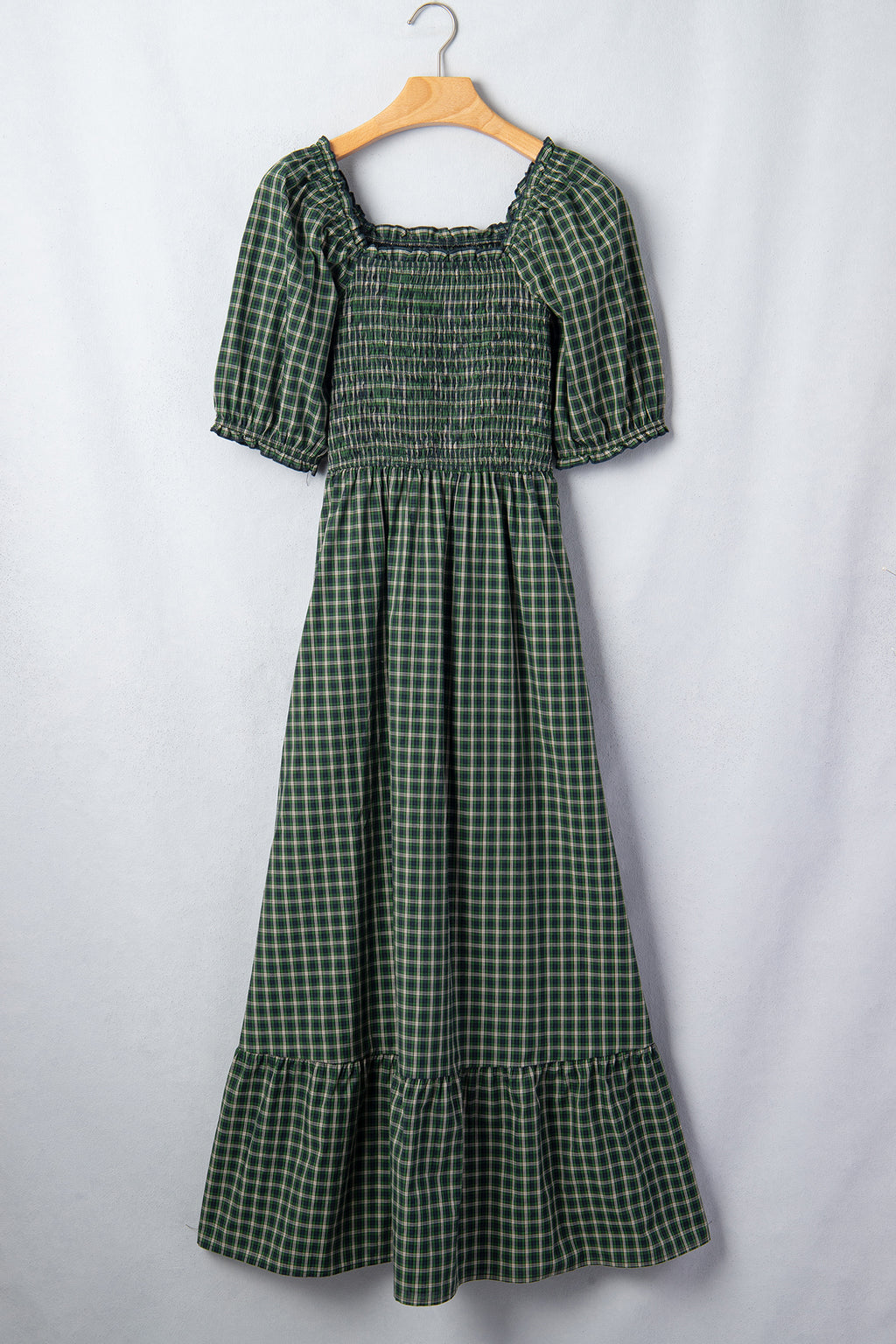 Green Plaid Square Neck Shirred Ruffle Hem Mini Dress S-XL