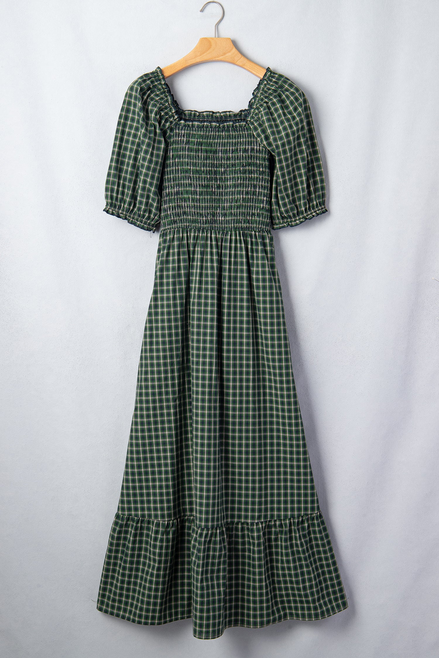 Green Plaid Square Neck Shirred Ruffle Hem Mini Dress S-XL