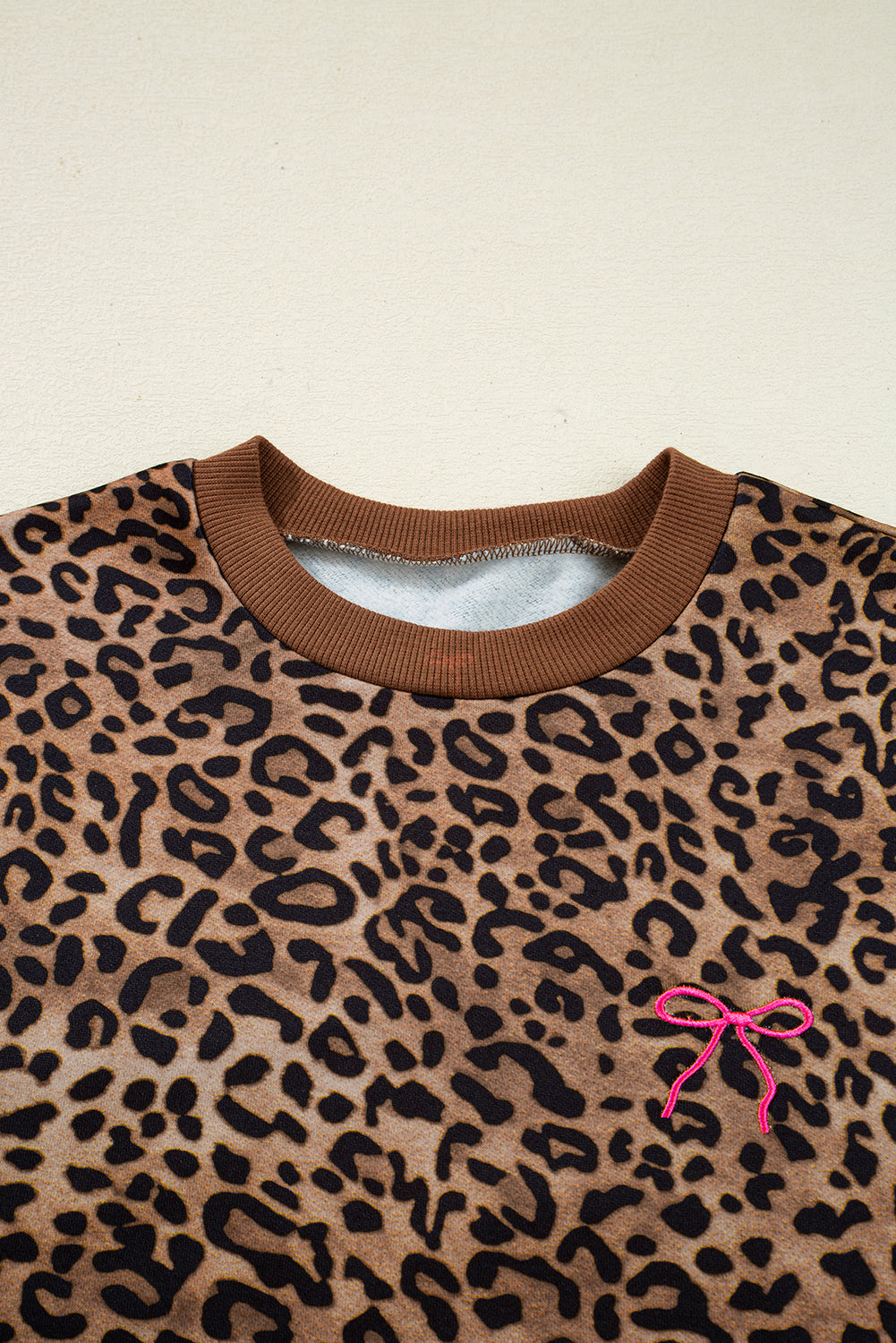 Coffee Leopard Print Contrast Trim Long Sleeve Top & Pants Set | UK 8–22