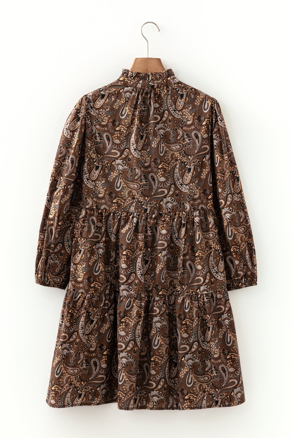 Brown Paisley Print Mini Dress Puff Sleeve Half Button Flowy Women S-XL