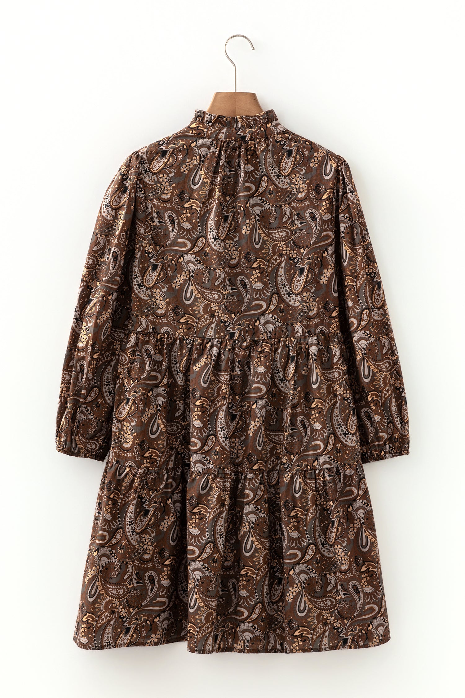 Brown Paisley Print Mini Dress Puff Sleeve Half Button Flowy Women S-XL