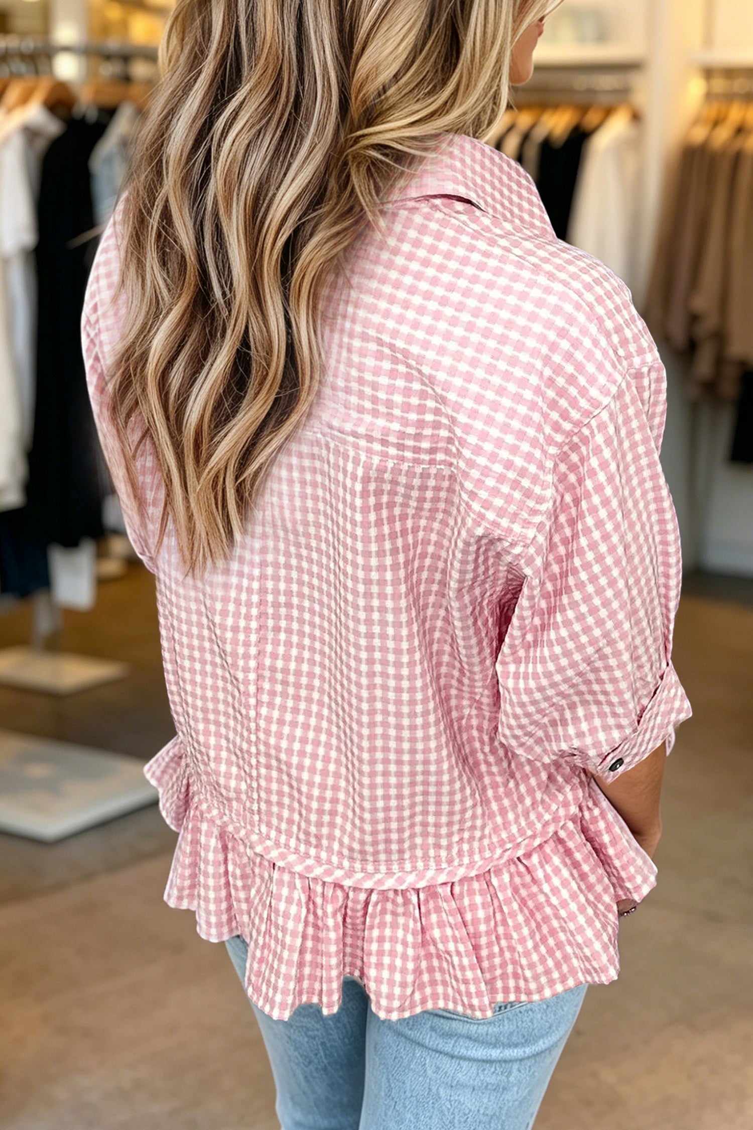 Pink Plaid Ruffle Hem Half Sleeve Button Down Shirt | S-XL