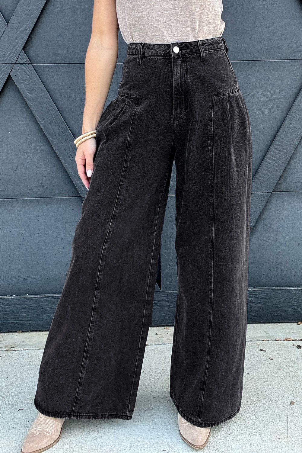 Dark Grey Pleated Wide Leg Mineral Wash Denim Pants | UK 8–18