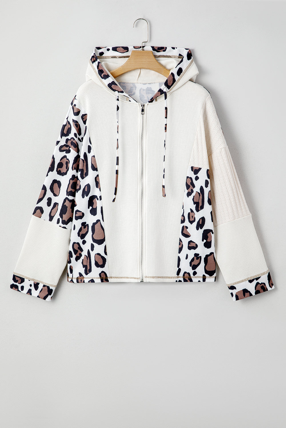 Apricot Leopard Contrast Patchwork Zip Up Drop Shoulder Hoodie