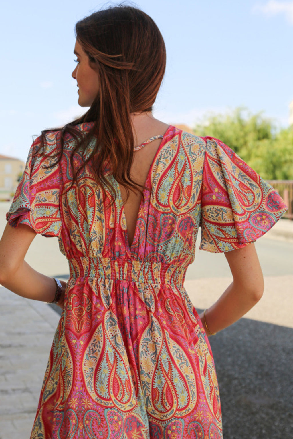 Multicolour Paisley Print V-Neck Flutter Sleeve Boho Maxi Dress