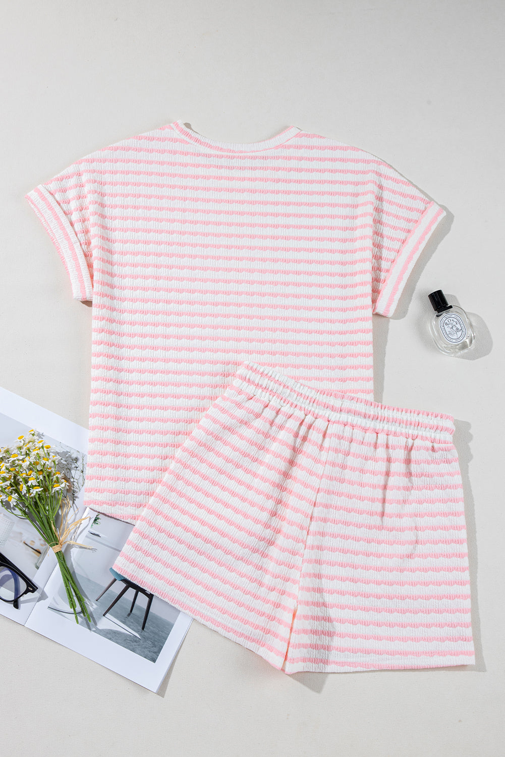 Shop Stripe Knitted Short Sleeve Top & Drawstring Shorts Co-ord S-3XL at LivelyLooks