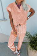 V-Neck Tee & Drawstring Pant Set | Apricot Pink, Mint Green, Bonbon & Beau Blue